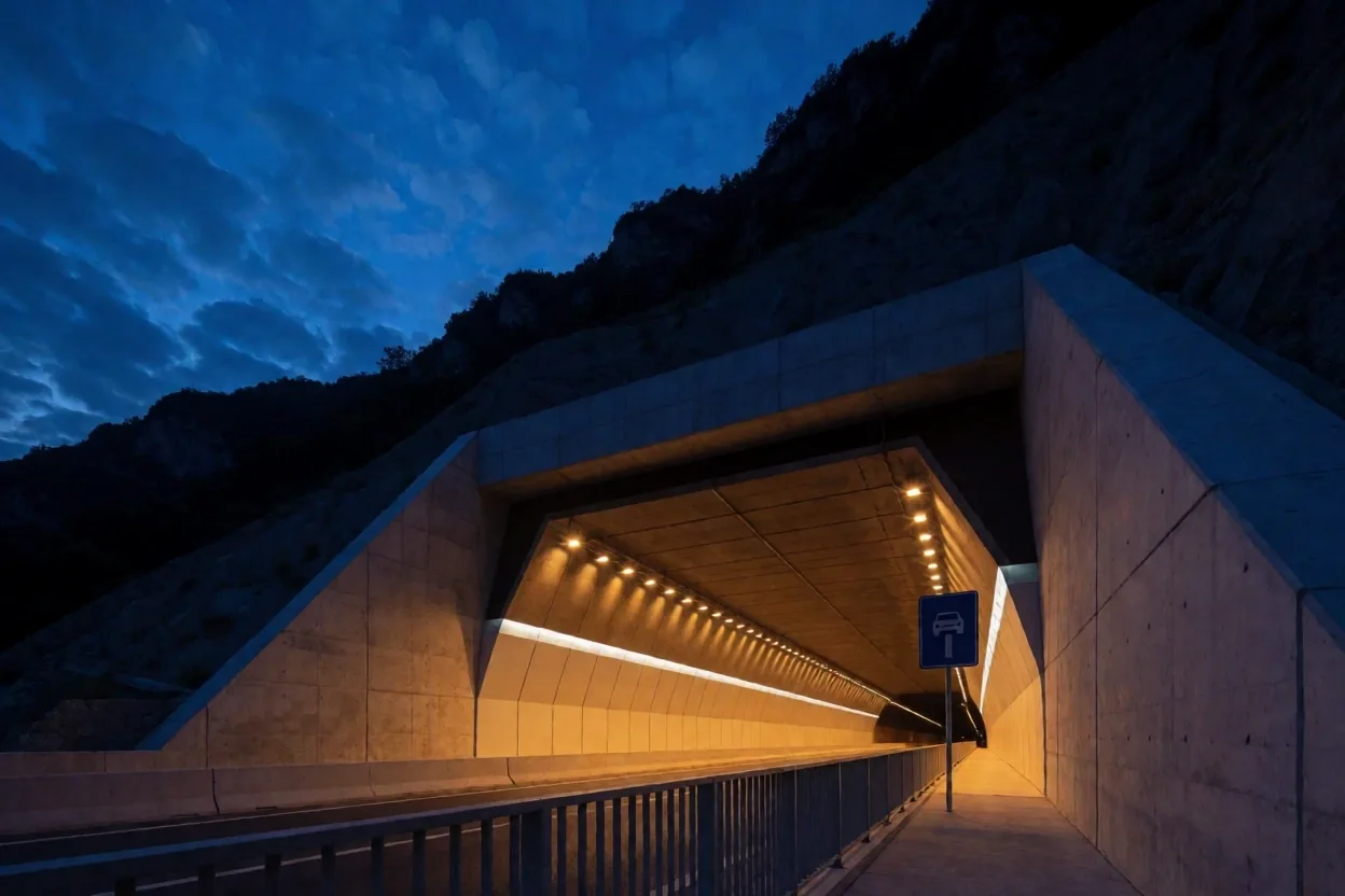 Schweizer Tunnelportal bei Dämmerung